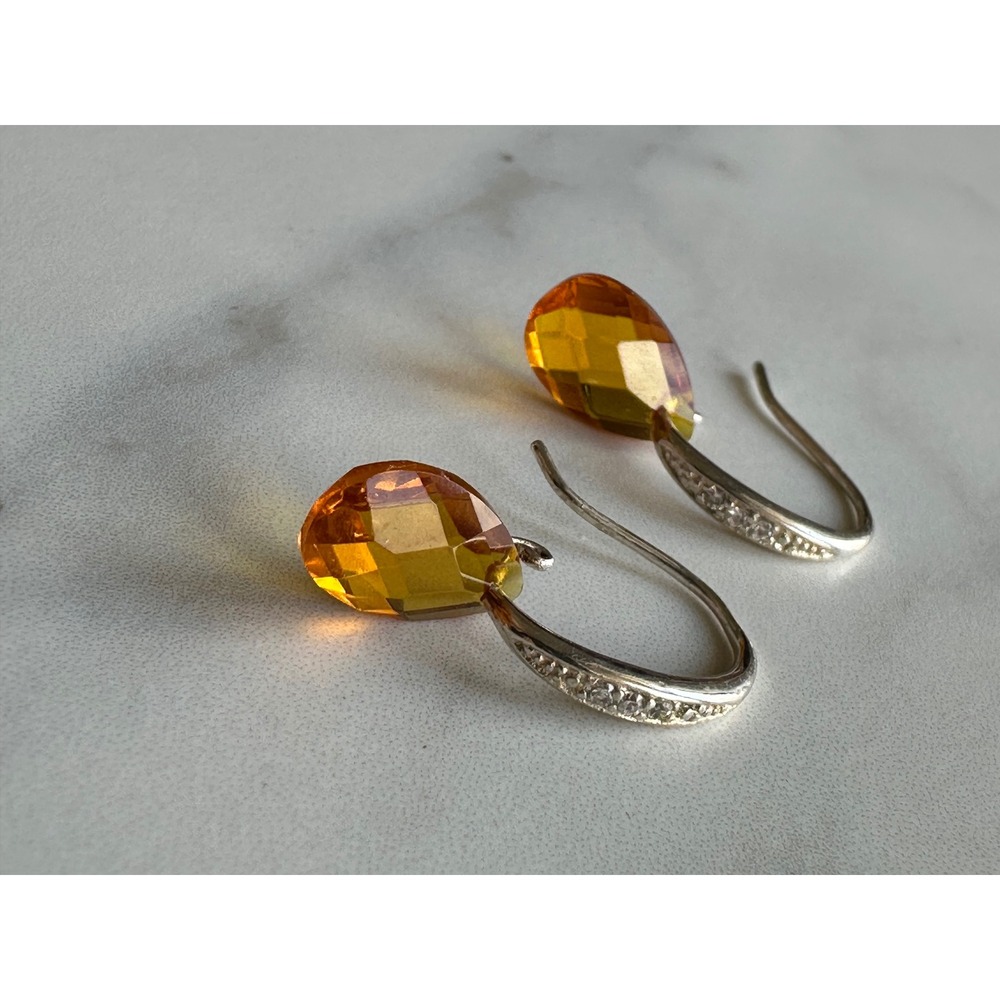 Sterling Silver 925 Amber Briolette Drop Earrings Pavé Crystal Hook‎ Dangle